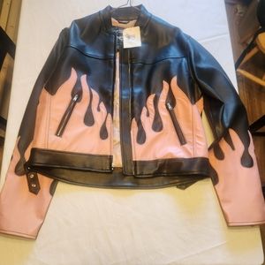Diamond Plate Pink Flames Biker Jacket
